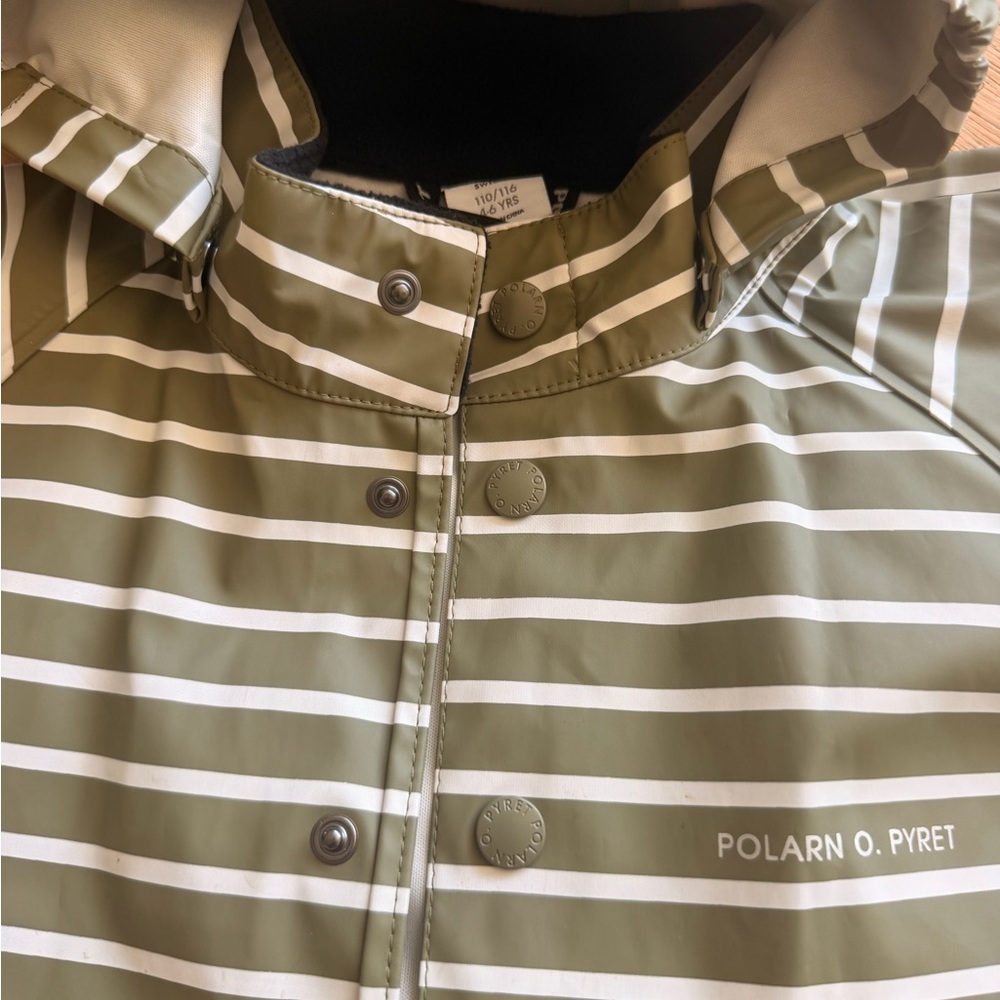 Polarn O. Pyret Olive Green and White Striped Rain Set - Picture 4 of 6